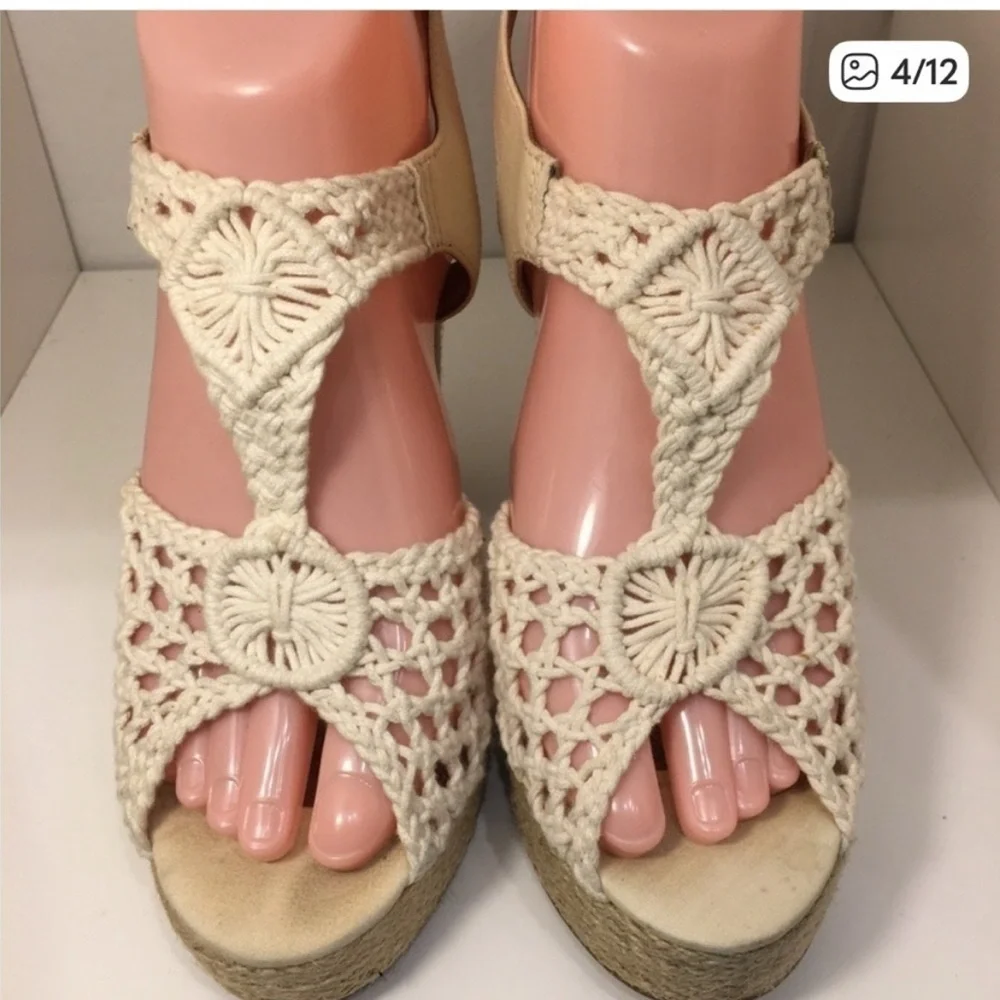 Lucky Brand Woven Cream Wedge Sandals - Women's Espadrille Size 7.5M SB-BA